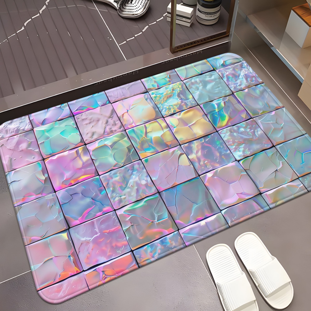 TEMU 1pc Iridescent Tile Art Doormats 700gsm, Non-slip Bathroom Floor Mat, Microfiber Absorbent Machine Washable Polyester Rug For Bedroom, Living