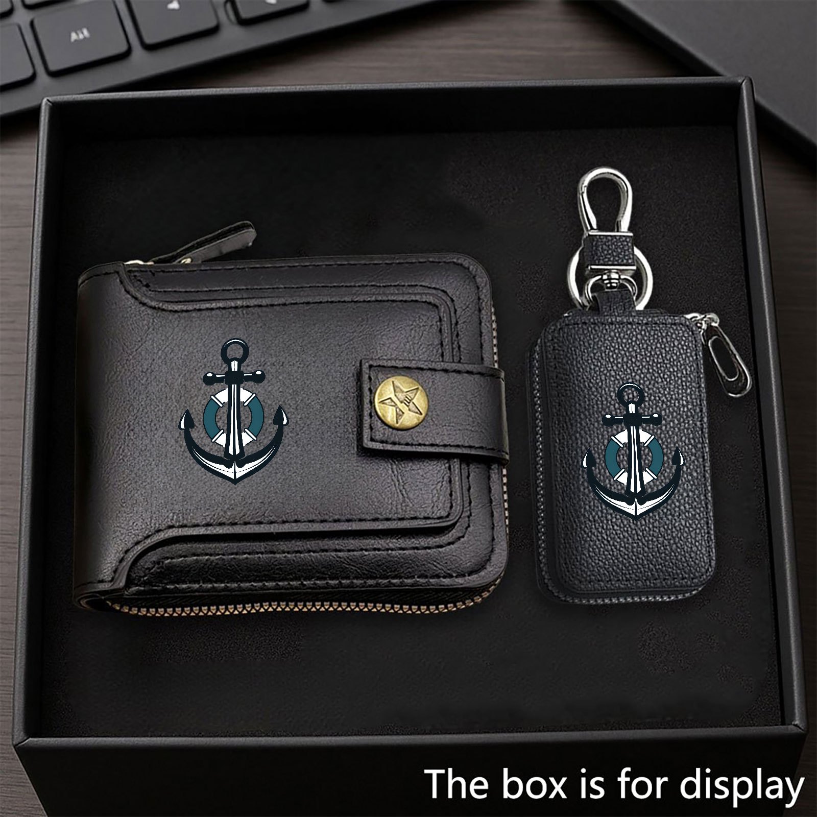 TEMU Anchor Pattern 2pcs Wallet And Car Key Pouch Set, Faux Leather Material, Premium And Grand Combination, Ideal For Christmas, Birthday, And