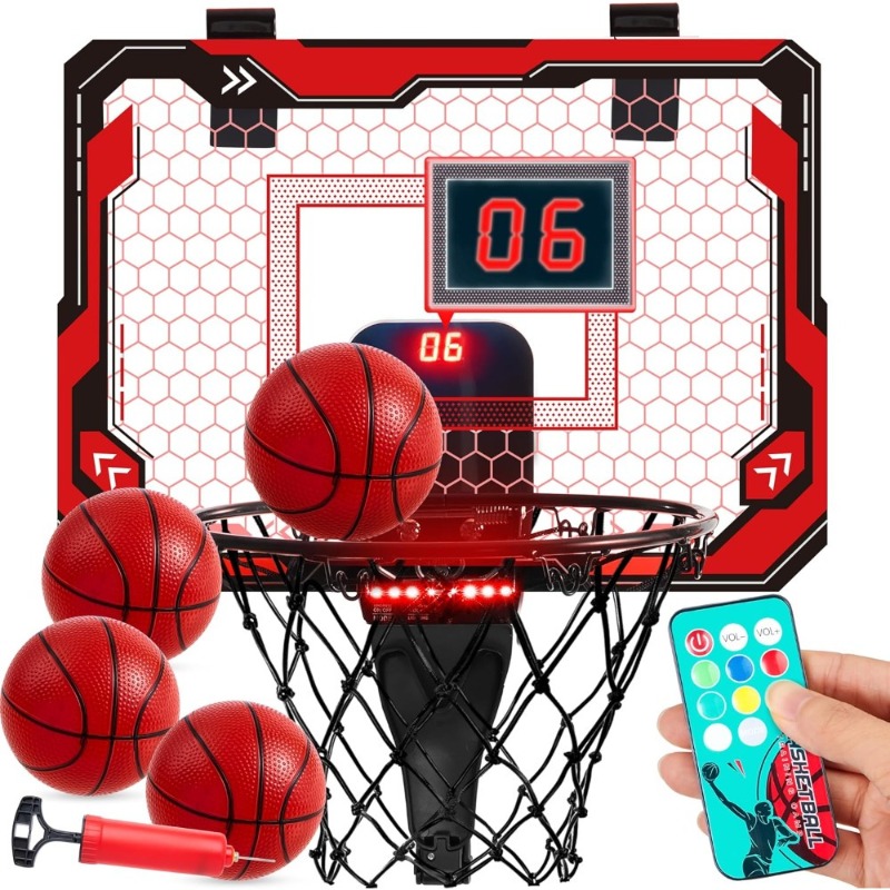 TEMU Mini Indoor Basketball Hoop, Light Up Over The Door Basketball Hoop For Kids With Scoreboard & 4 Balls, Bedroom Indoor Basketball, Basketball
