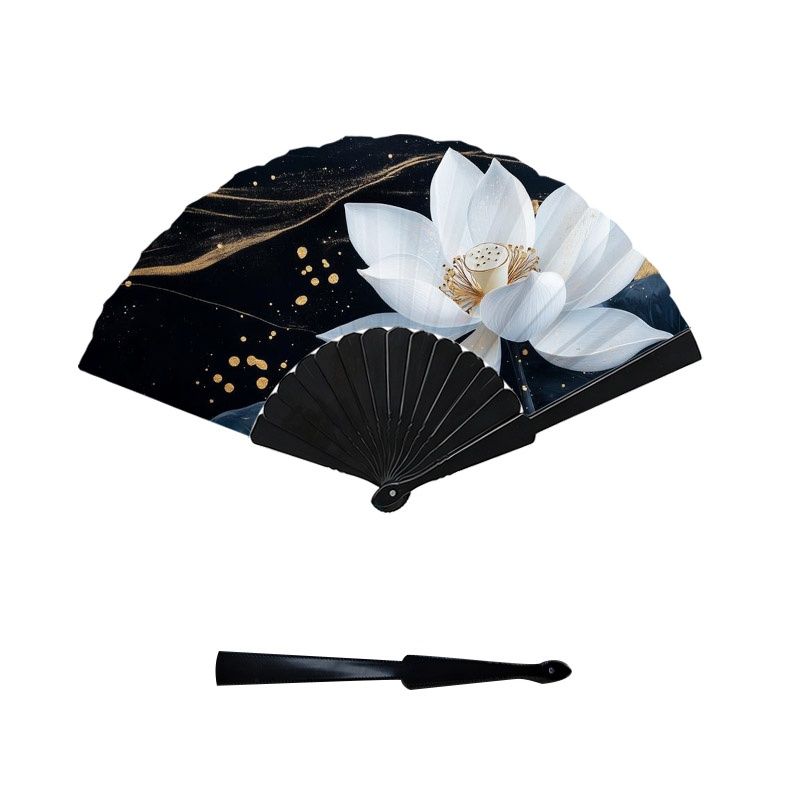 TEMU Éventail à Main Élégant Blanc avec Imprimé Lotus, et Surface de l'Éventail en Plastique, 1 pièce Éventail Décoratif, avec Accent Doré Style