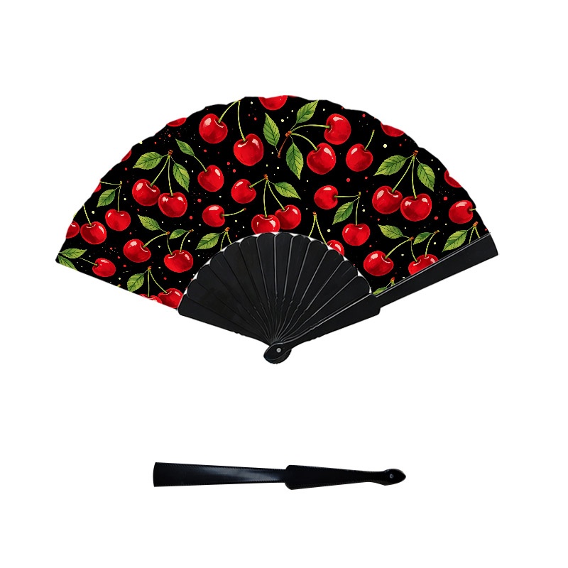 TEMU 2d Flat, 1pc 7-inch 2d Single-sided Printed Handheld Fan, Featuring A Black Background With A Pattern Of Cherries And Green Leaves. A