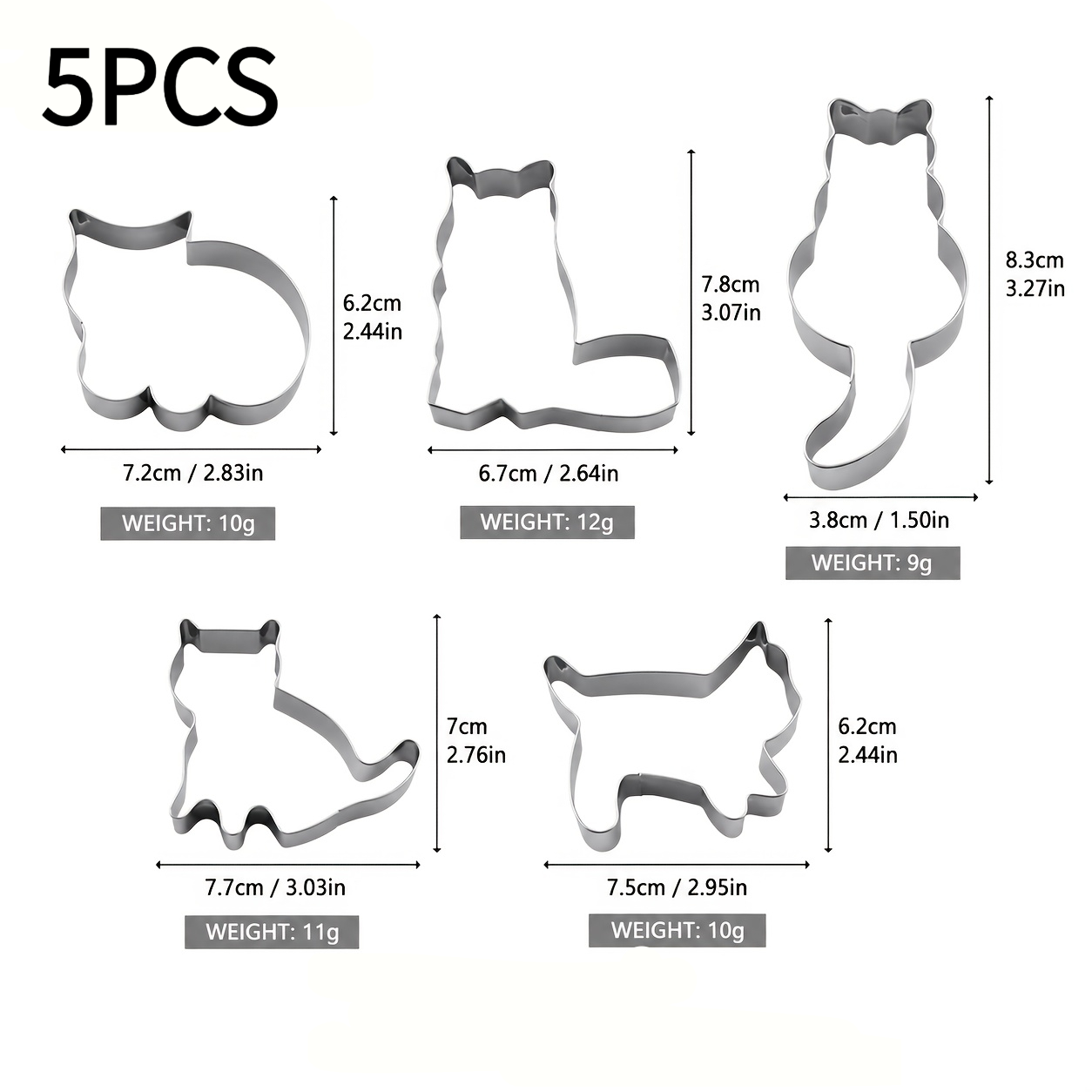 TEMU 5 Stück silberne Edelstahl-Katzen-Ausstechformen, mehrere Katzenförmige Ausstechformen Mousse-Formen, geeignet für Kekse, Flip-Zucker, Teig,