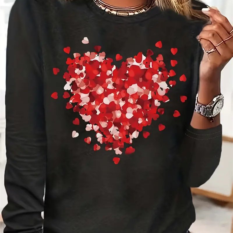 

Valentine's & Christmas Santa Claus Heart Graphic Long Sleeve T-shirt - Casual Crew Neck, Rayon .0% Fabric, Machine Washable - Ideal For