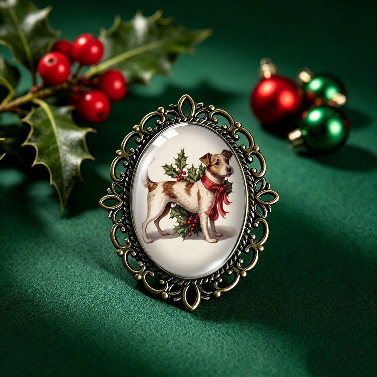 TEMU 1pc Vintage Terrier Dog Red Ribbon Bow Berries Pattern Old School Christmas Style Vintage Bronze Oval Lace Glass Brooch