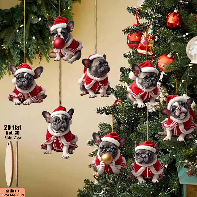 2D Plat, 8 pièces Ornements de Noël Bouledogue Français - Décorations Suspendues en Bois avec Poses Amusantes Assis, Debout, Assis avec Patte Levée & Assis avec Queue Enroulée - Arbre, Chambre, Décor - Cadeau Unique pour les Amoureux des Bouledogues (Classique), 2D Plat