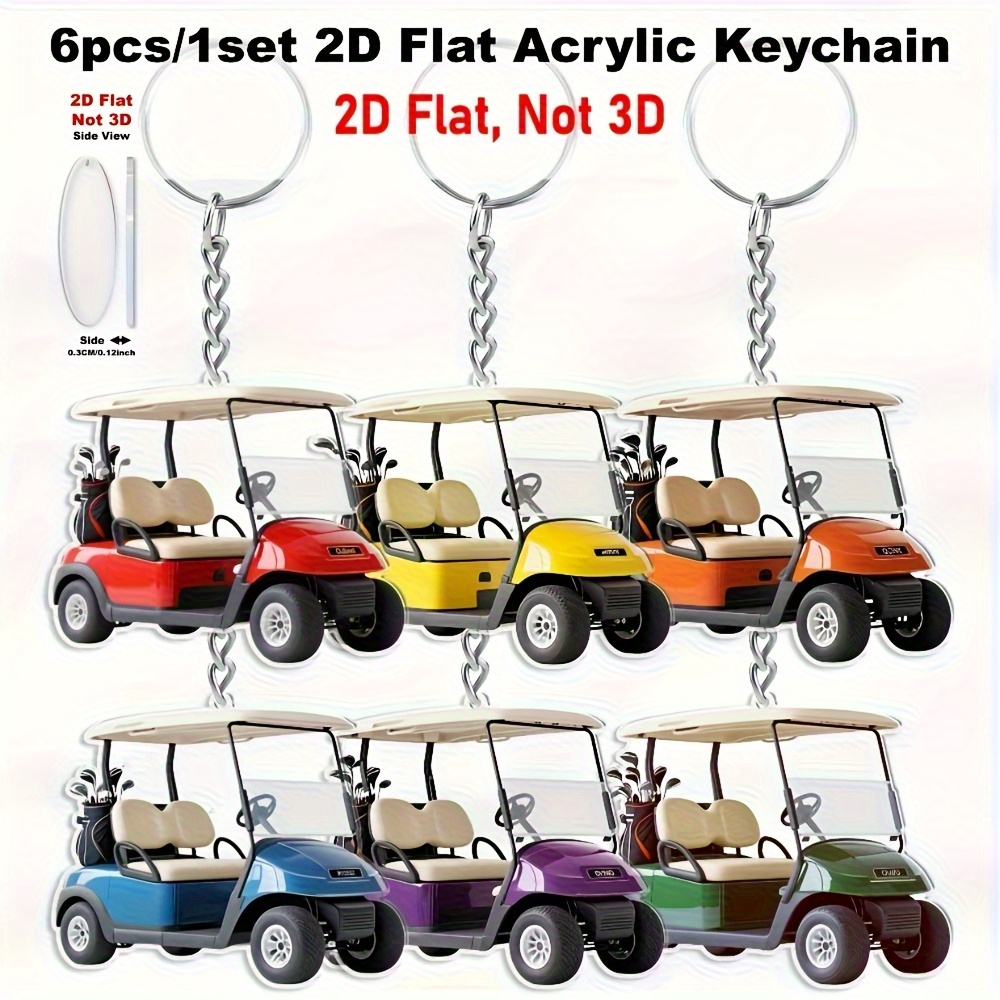 TEMU 2d Flat, 2d Flat, Gift For Her/him 2d Flat 6pcs Acrylic Golf Cart Keychain, Vibrant Colors, Ideal For Golf Enthusiasts, Fashionable Women's Bag