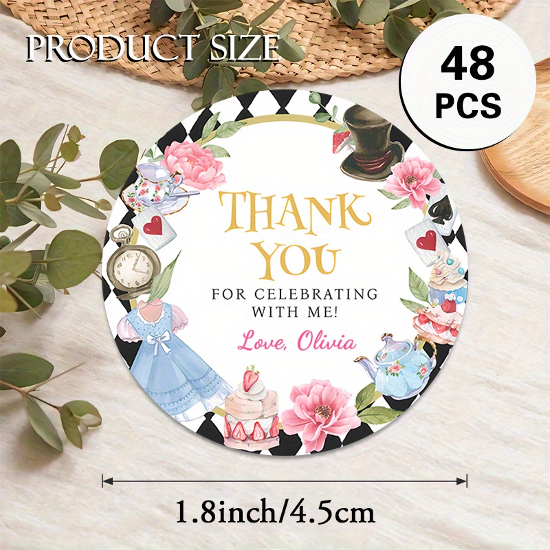 TEMU Adesivi rotondi personalizzati per compleanni, disponibili in set da 48 o 96. Con un tema giocoso a tema "Tea Party", come bomboniere, biglietti