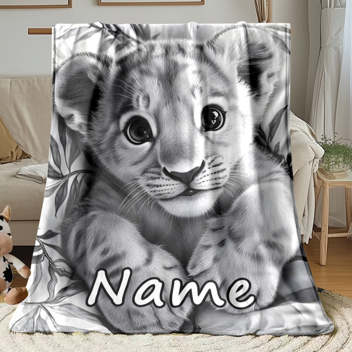 TEMU 1pc Couverture Personnalisée avec Nom de Lionceau - Sur Mesure, Design , Tissu Flanelle , Léger pour Toutes - Idéal pour Lit, Canapé, Voyage,