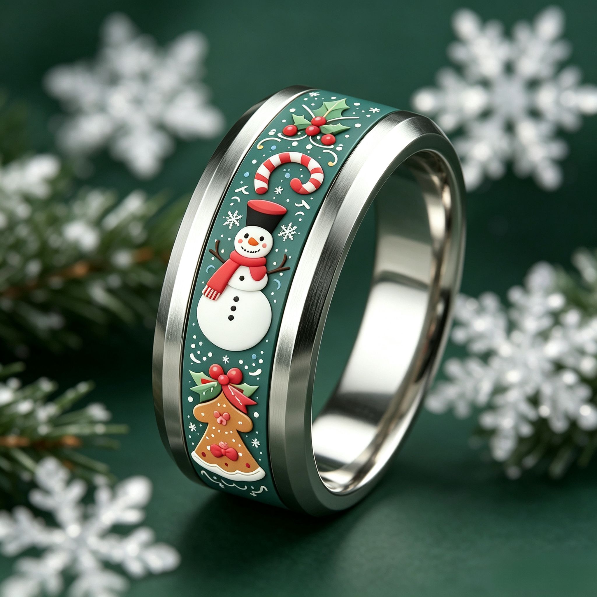 3D Snowman Gingerbread Tree Christmas Stainless Steel Ring