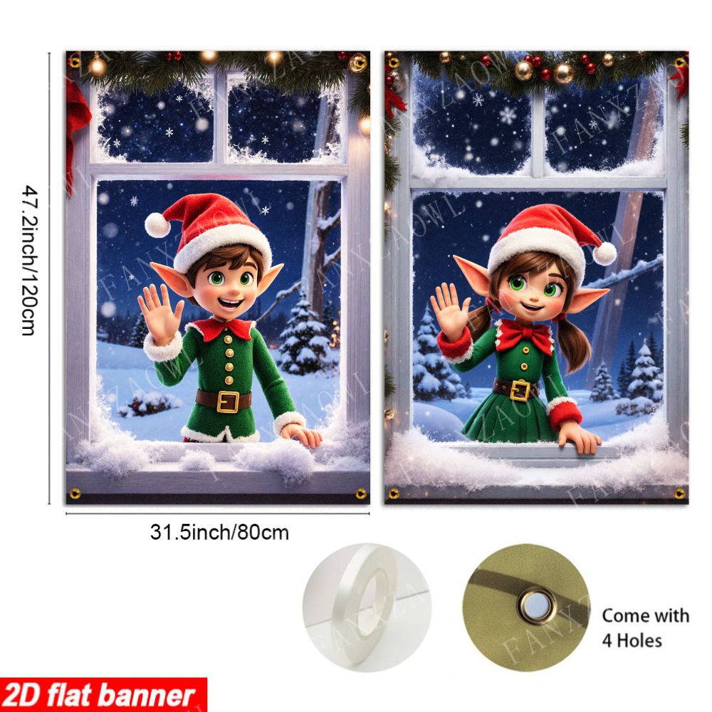 TEMU 2d Flat, 2pcs, 2d Flat Window Banner, Christmas Elf Boy And Girl Greeting At The Window, Christmas Themed Decoration Hanging Cloth, New Year