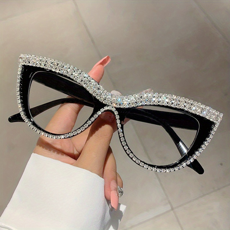 Rhinestone Cat-eye Glasses - Transparent Lenses, Decorative, For Parties, Fashion, Trendy, Chic, Unisex Accessory - Suitable For Daily Wear