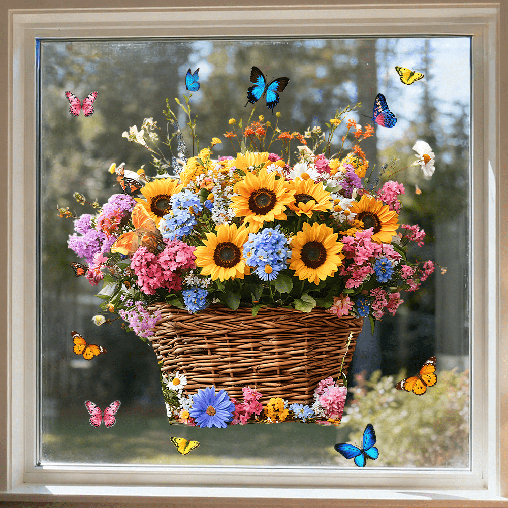 TEMU Set Of 2 / Sunflower And Vine Woven Basket Window Stickers, Collision Prevention Bird Protective Film, High-quality Static Cling Suitable For
