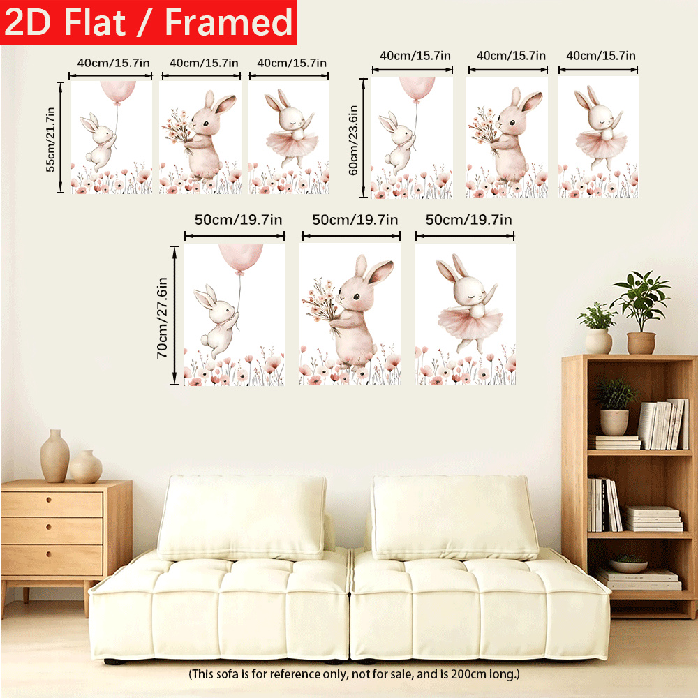 3-Panel Framed Canvas Wall Art - Cute Rabbit Nursery Print
