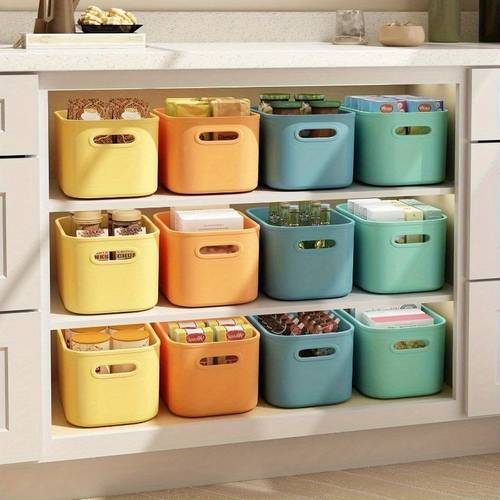 item picture 8 pack 4 pack random color modern stackable storage bins with lids waterproof polypropylene organizer containers with handles rectangular baskets for shelves multi purpose for crafts snacks desk dorm organization
