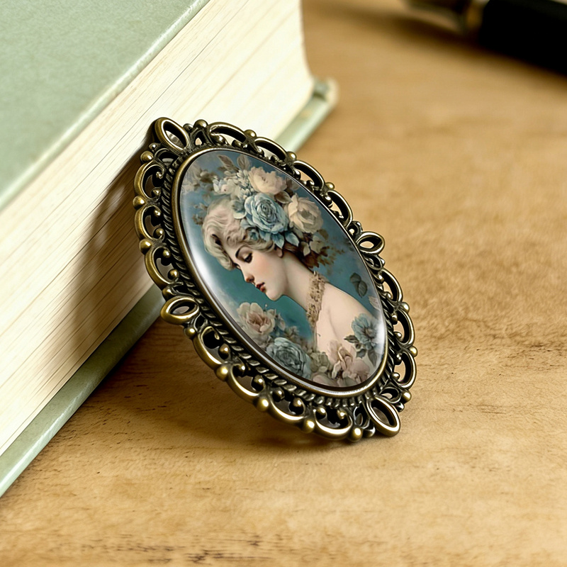 Blue Rose Beauty Portrait Brooch, Lace-Edged Glass