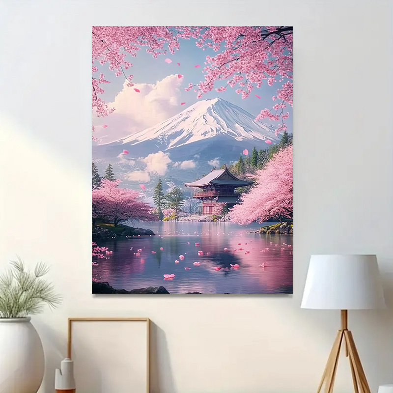 TEMU Toile Murale de Cerisier et Fuji en 2D, Cadre en Bois de Pin, Œuvre d'Art Paysage Florale Inspirée du Japon Moderne, à Accrocher pour Salon,