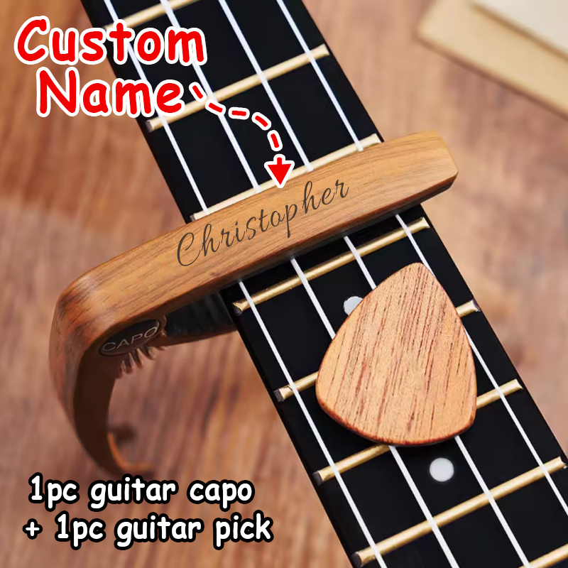TEMU 2pcs Personalized Engraved Wood Grain Guitar Capo Set Includes Capo And Guitar Pick Birthday/holiday Gift For Or Relatives Personalized Gift