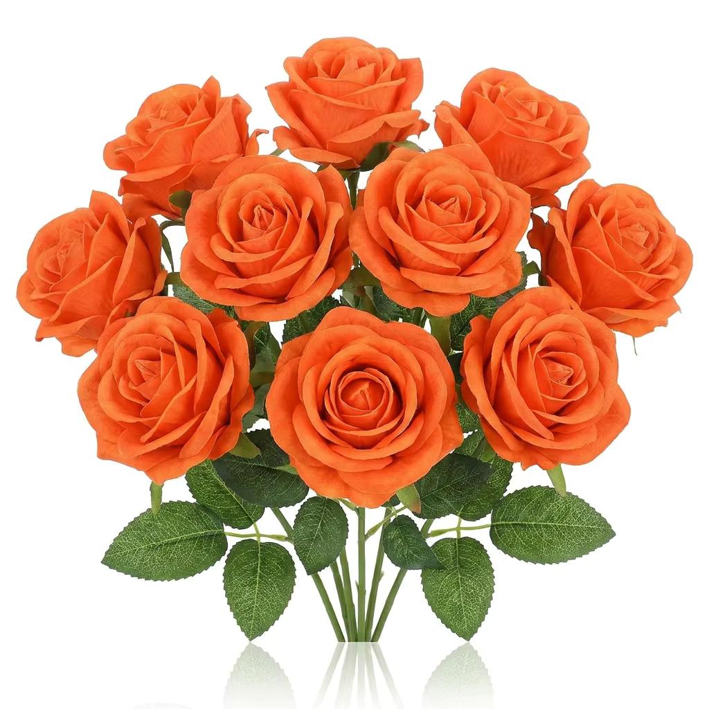 TEMU 10pcs Burning Orange Artificial Flower Bouquet, Fake Rose Long Stem Realistic Fall Bridal Shower Decorations, Autumn Halloween Thanksgiving