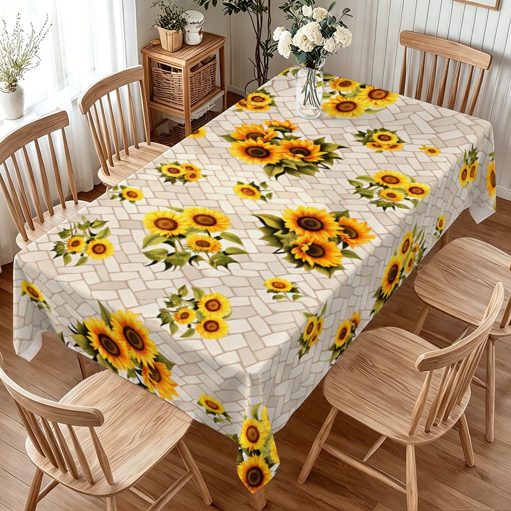 TEMU (2d) Tablecloth 1pc, 1pc Sunflower Brick Wall Pattern Rectangular Tablecloth, Foldable For , Wipeable, Washable, Durable, Easy To Care For.