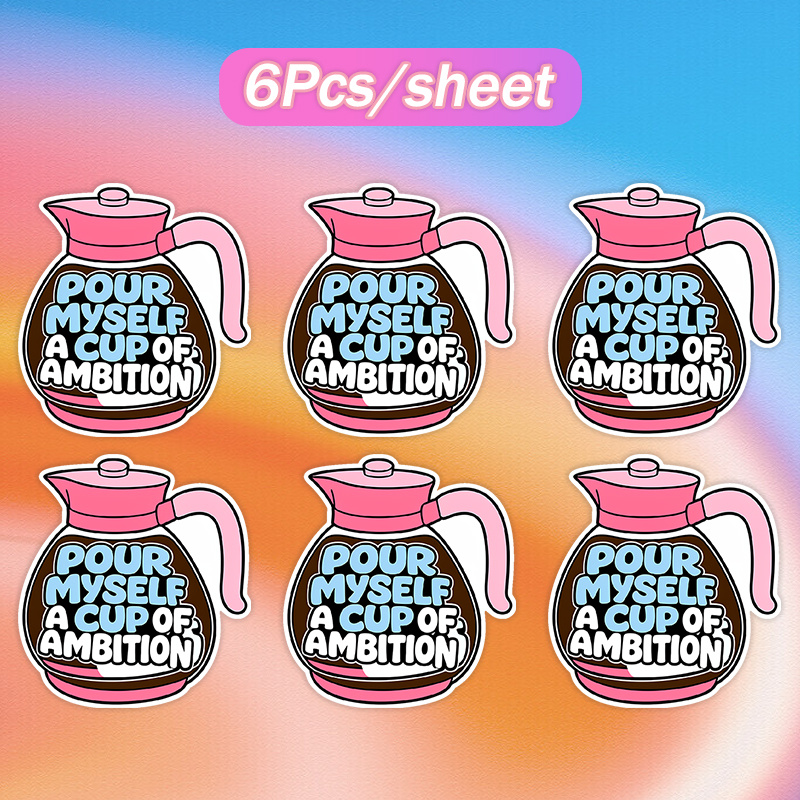 TEMU 6pcs/sheet Pink Coffee Pot Sticker, "pour A Cup Of " Design, Ideal For Office, Home, Travel, Camping, Car Use, Versatile Decor, Suitable For All