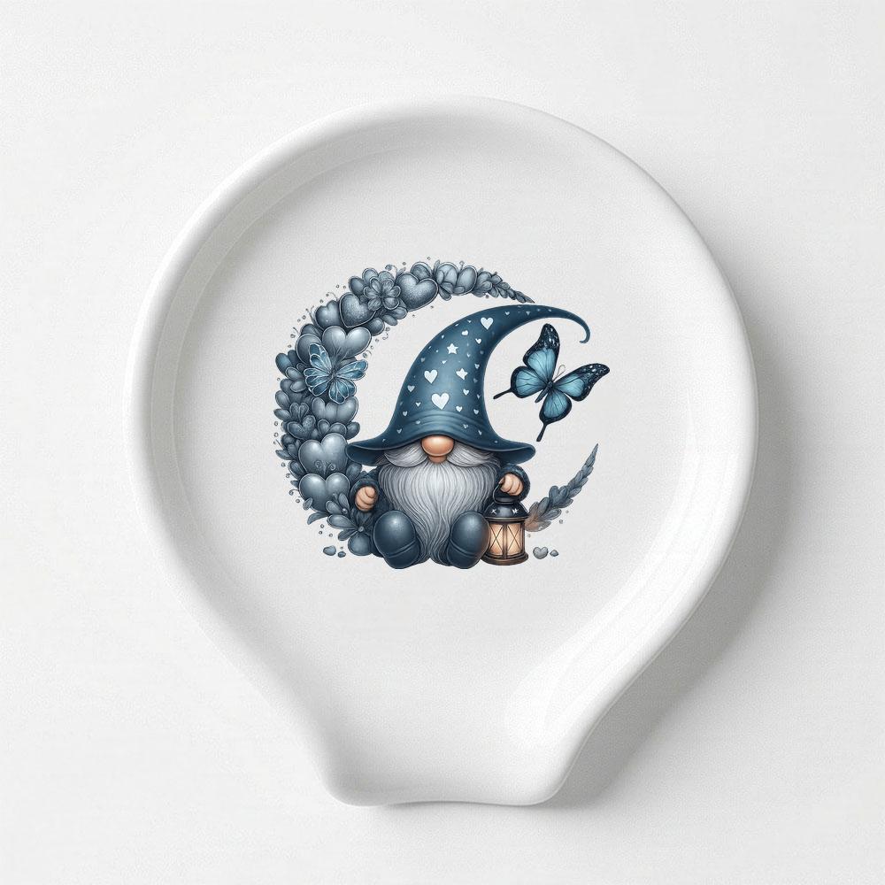 TEMU Ceramic Spoon Rest Featuring A Whimsical Heart Wreath Design With Blue Gnomes And Butterflies, Holding Kitchen Utensils On The Stovetop Or