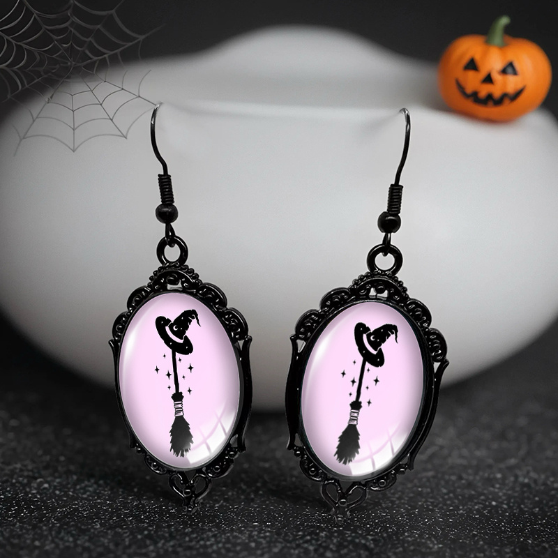TEMU A Pair Of Handmade Earrings Featuring Black Lace With Witch Hats And Brooms, Perfect As A Gift. For Halloween, Without Battery