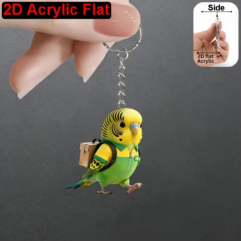 TEMU [2d Flat] [2d Flat] 2d Plane, Creative Budgerigar Acrylic Keychain, "parrot Carrying An Delivery Package" , Suitable For Backpack And Car