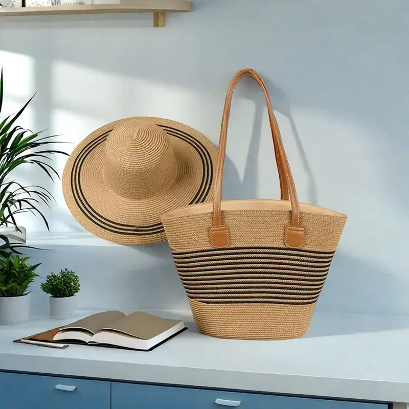 chapeau de paille pour femmes avec sac , chapeau de plage rayé dété à large bord et protection solaire pour en extérieure détails 6