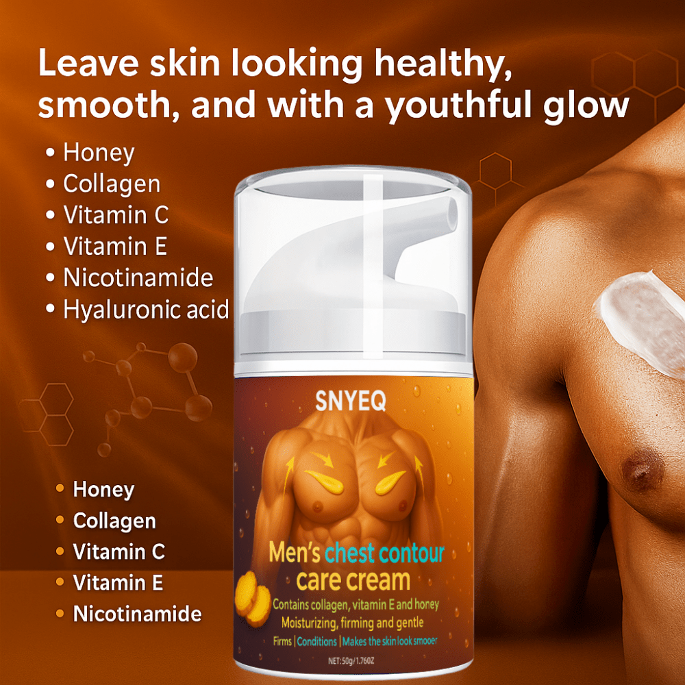 50g Men's Chest Contour Massage Cream with Vitamin E, Collagen & Honey - Natural Firming & Lifting Gel for Pectoral, Sensitive Beige, Toning, Quick-Absorbing Moisturizer, Male Breast Lift & (All Beige Types)