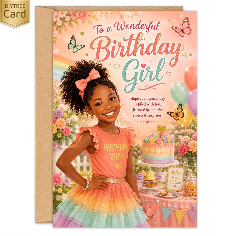 1pc African American Rainbow Birthday Card With Envelope, Colorful Dress Balloons Flowers And Cake Greeting Card For Daughter Granddaughter And Niece, Birthday Gathering And Surprise Gift