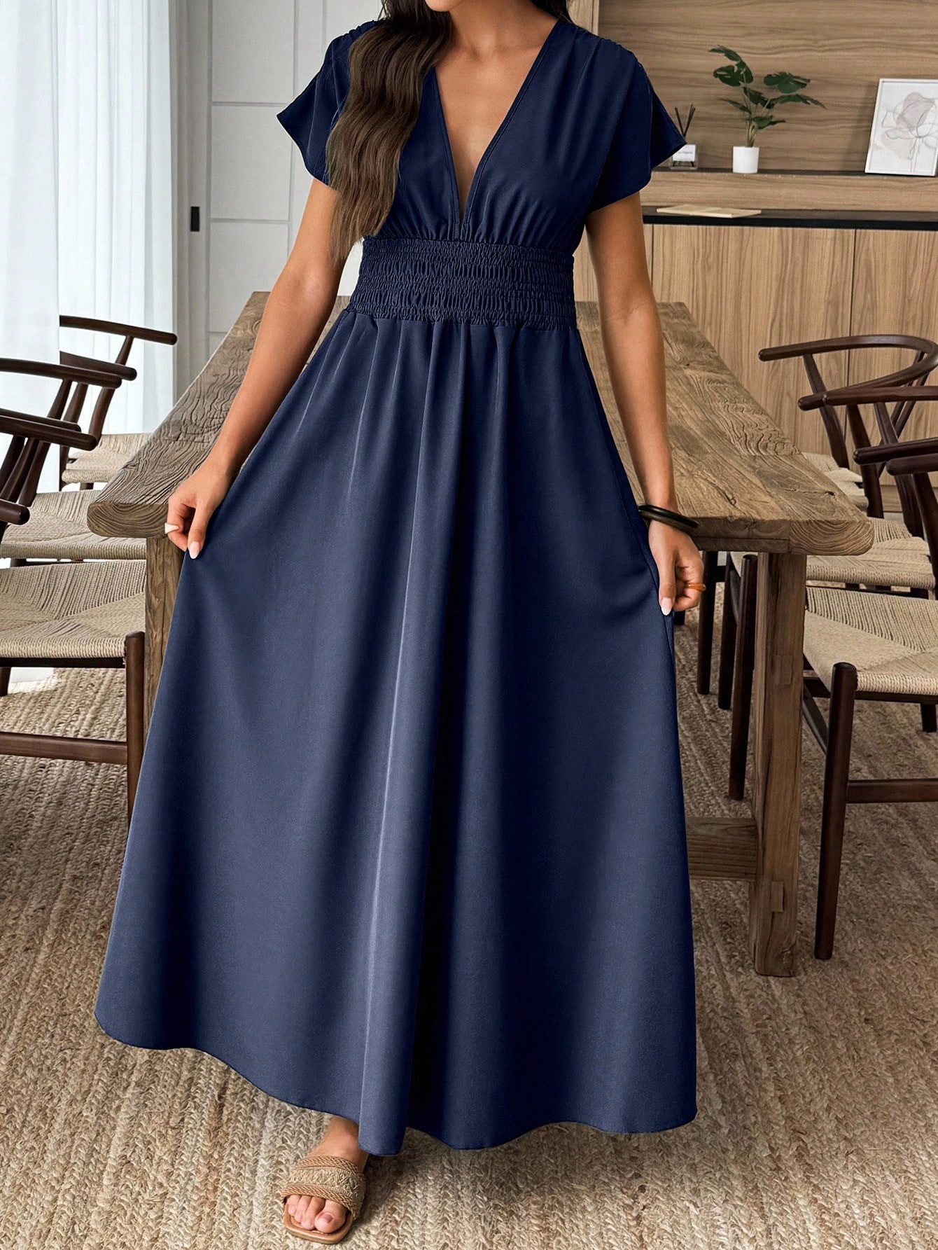womens smock panel line dress smock bodice flared maxi v - Temu Cyprus