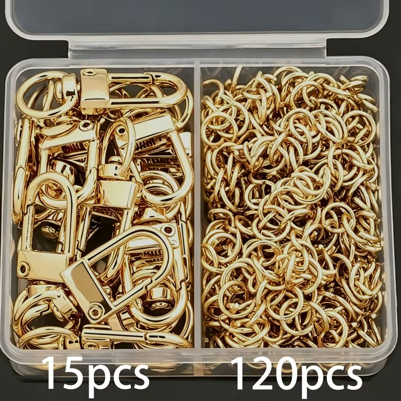 TEMU 135pcs/box Kc Golden Keychain Making Parts Set, Including 15pcs Alloy Rotatable Keychains And 120pcs Open Jump Rings Boxed Set, U-shaped
