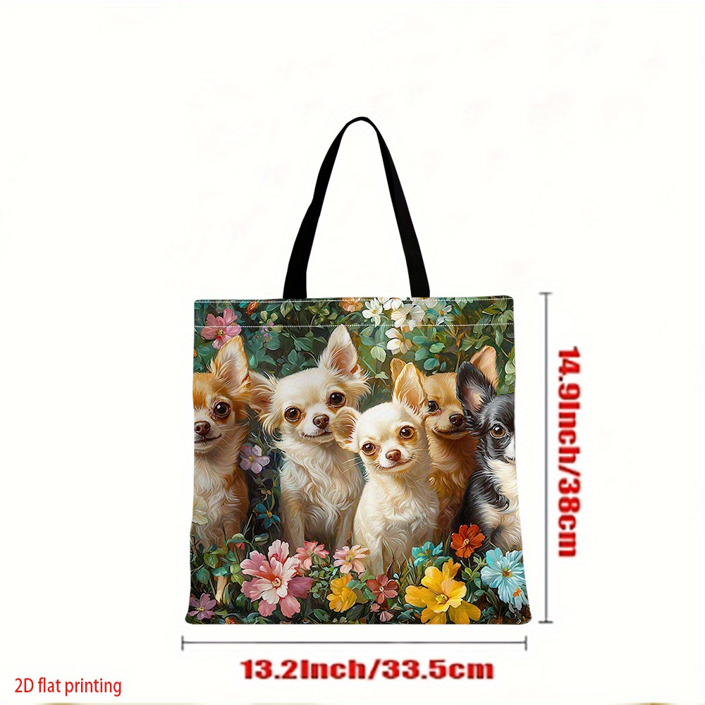 TEMU 1pc Women's Chihuahua Dog Print Tote Bag - Lightweight Canvas Shoulder Bag With Floral Chihuahua Design, Spacious Shopper Bag For Daily , Work,