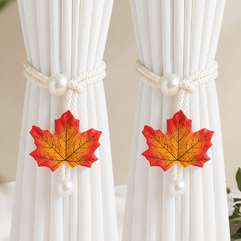 TEMU 2pcs Maple Leaf Decorated Curtain Tiebacks, Adjustable Design With Pearl Pendant, Suitable For Bedroom, Study, Living Room, Bathroom, And Home