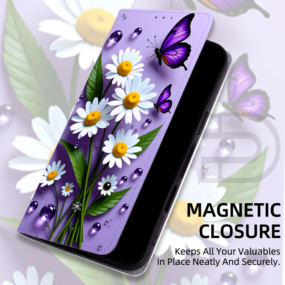 Husă Telefon - Potrivită pentru Galaxy A15 5G A17 A16 5G A55 A35 A25 A54 A34 A20E A24 A56 A26 A36 A07 A04S A32 A40 A31 A41 A22 A53 A70 A22 A33 A51 A90 A42 A23 A06 4G 5G, Model cu Model Mov, Margarete și Fluturi, Carduri, Portofel, Închidere Tip Flip, Suport