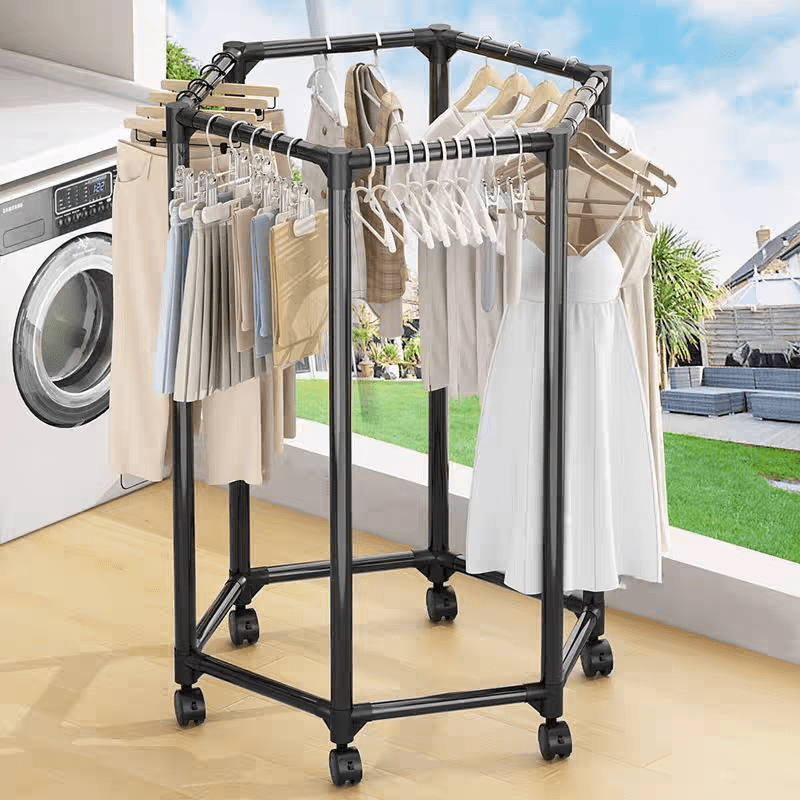 TEMU Heavy-duty Hexagonal Rotating Clothing Rack With Floor-standing Hanger - Sturdy Metal Frame Suitable For Laundry Room, Boutique Display & Home