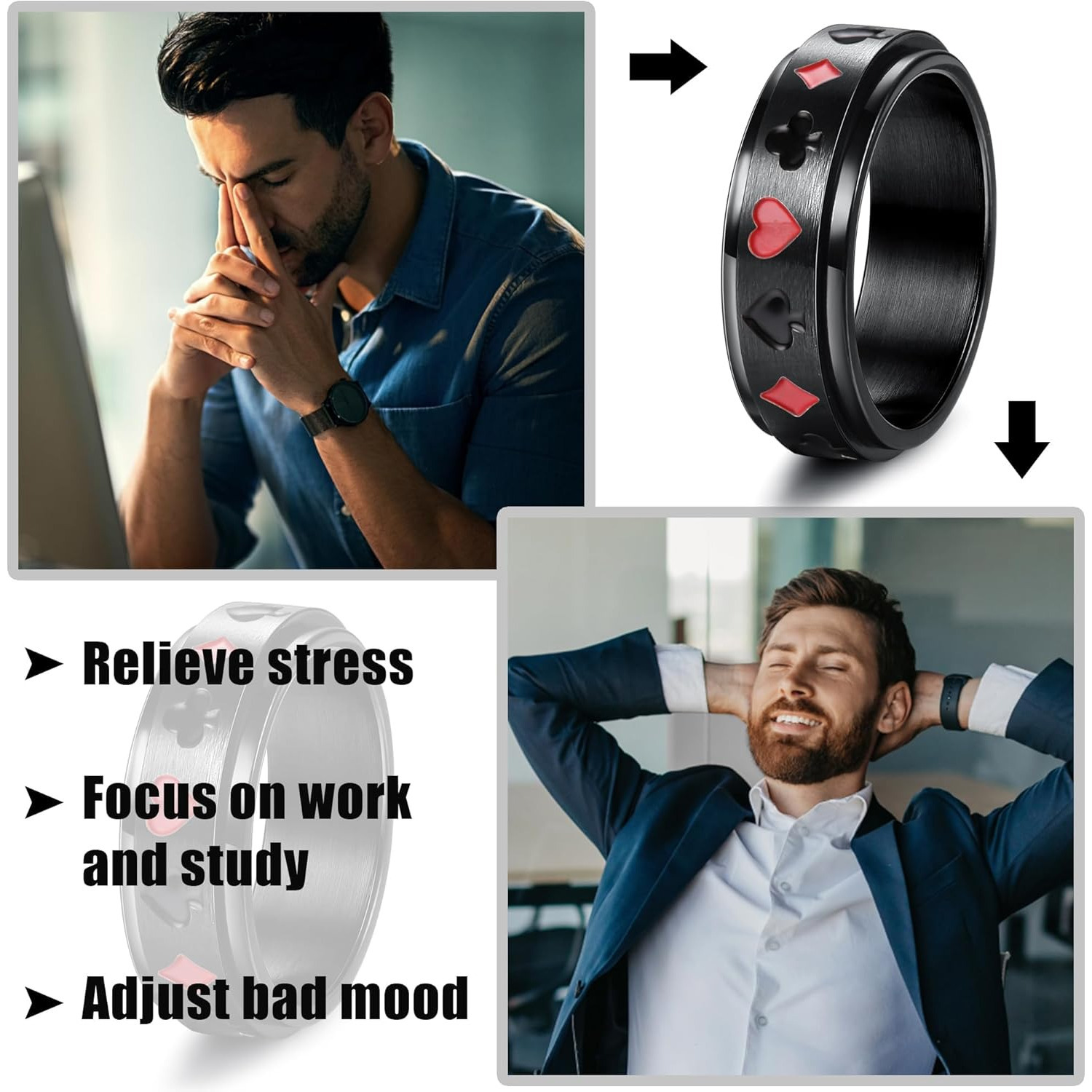 16pcs stainless steel fidget rings for men women stress anxiety relief spinner rings with   chain   fashion accessory set for wedding   casual attire gift   fidget toy rings relax wristwear modern accessory durable construction versatile wristbands Product details 2