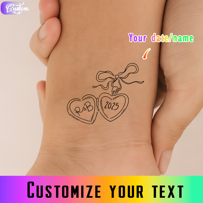 TEMU [Personnalisé] Autocollant Tatouage pour Fête de Mariage, Tatouage Double Cœur avec Nœud Papillon, Style Facile, Police d'Art Personnalisée,