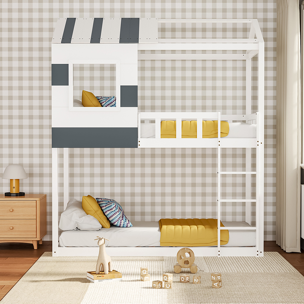 1pc Contemporary Double Over-Double Bunk Bed with Ladder, No-Box-Spring Required, Hardwood and Artificial Board Construction, Teen Age Range, Easy Access Design, Wooden Materials, No Electricity Needed