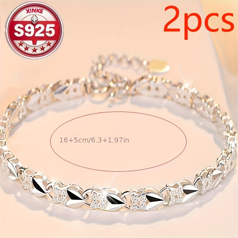 

2 Pcs Elegant 925 Sterling Silver Bracelets - Vintage Style, With Casual Clothing And Valentine's Day Gifts