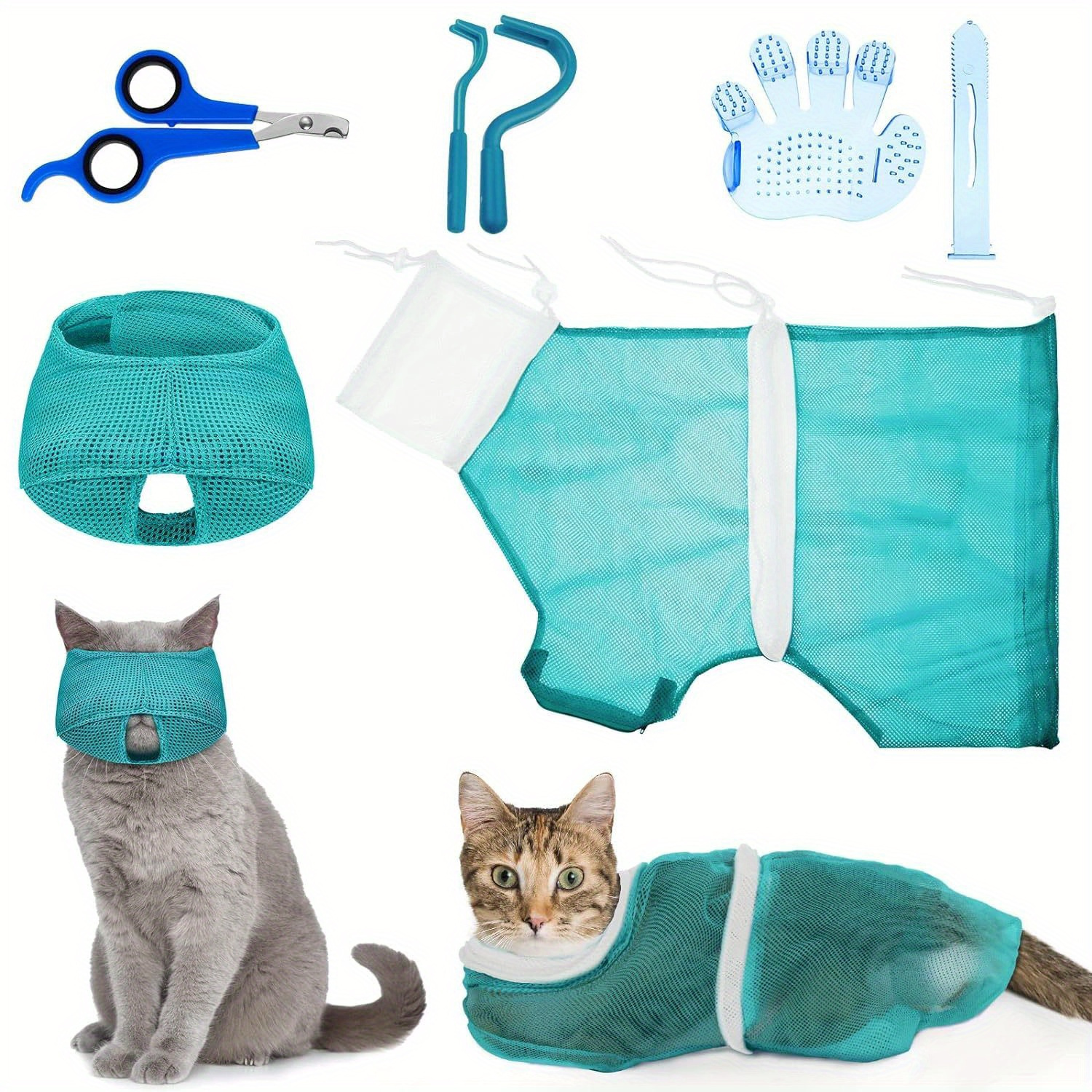 

5pcs Cat Grooming Set: Includes Adjustable Bathing Bag, Nail Clippers, Flea Treatment, Massage Brush, Cat Grooming Net