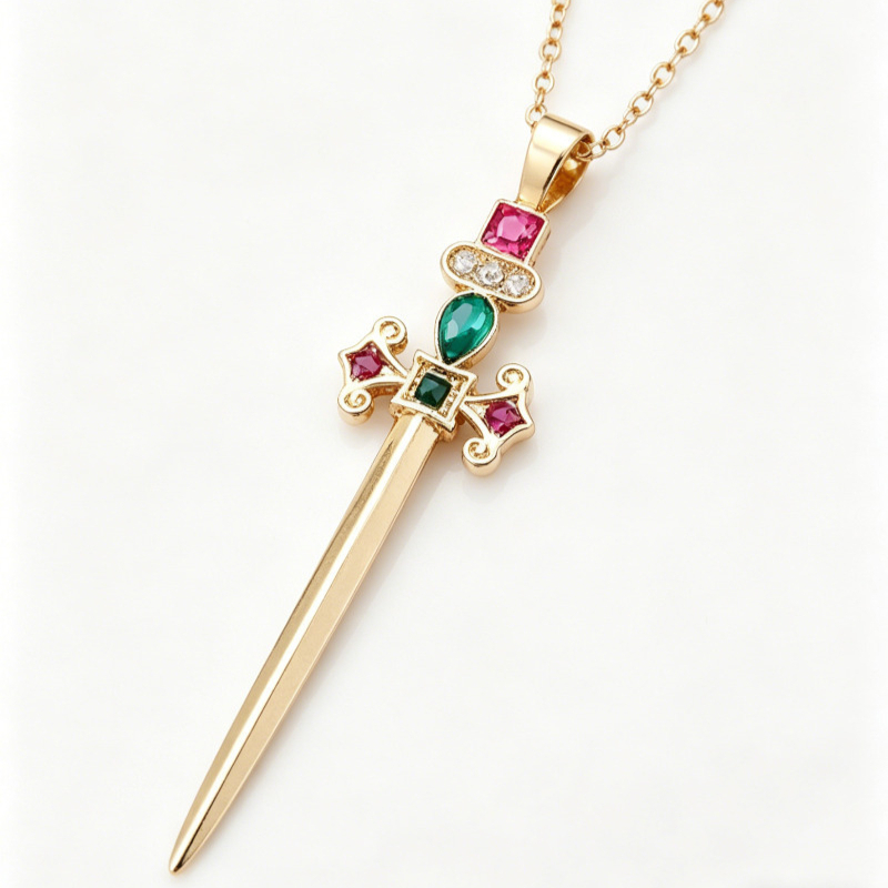 TEMU Vintage Style Sword Pendant Necklace - Elegant Collarbone Chain Suitable For Daily Wear & Special Occasions, Light Luxury Gift, Niche Design For