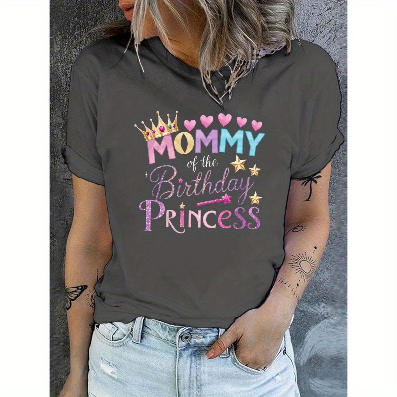 

Mommy Of The Birthday Princess" Celebration Tee - Women's Dark Gray Short Sleeve Crew Neck Top With Crown & , Casual Polyester ,