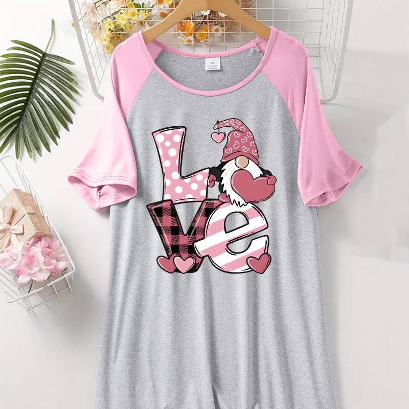 

Valentine's Day Print Shoulder Insert Sleep Dress Round Neck Short Sleeve Casual Women's Clothing E21