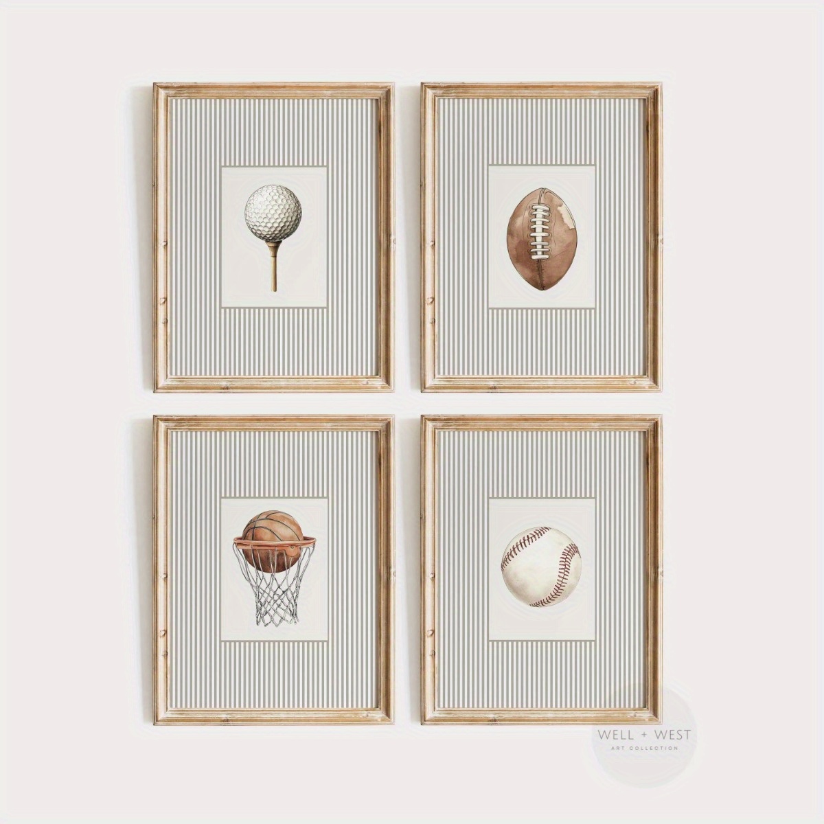 TEMU 2D , 2D , Juego de 4 pósters en sin (4 piezas) de pelotas deportivas | Ilustración de estilo vintage | Béisbol, Fútbol, Golf, Baloncesto | de