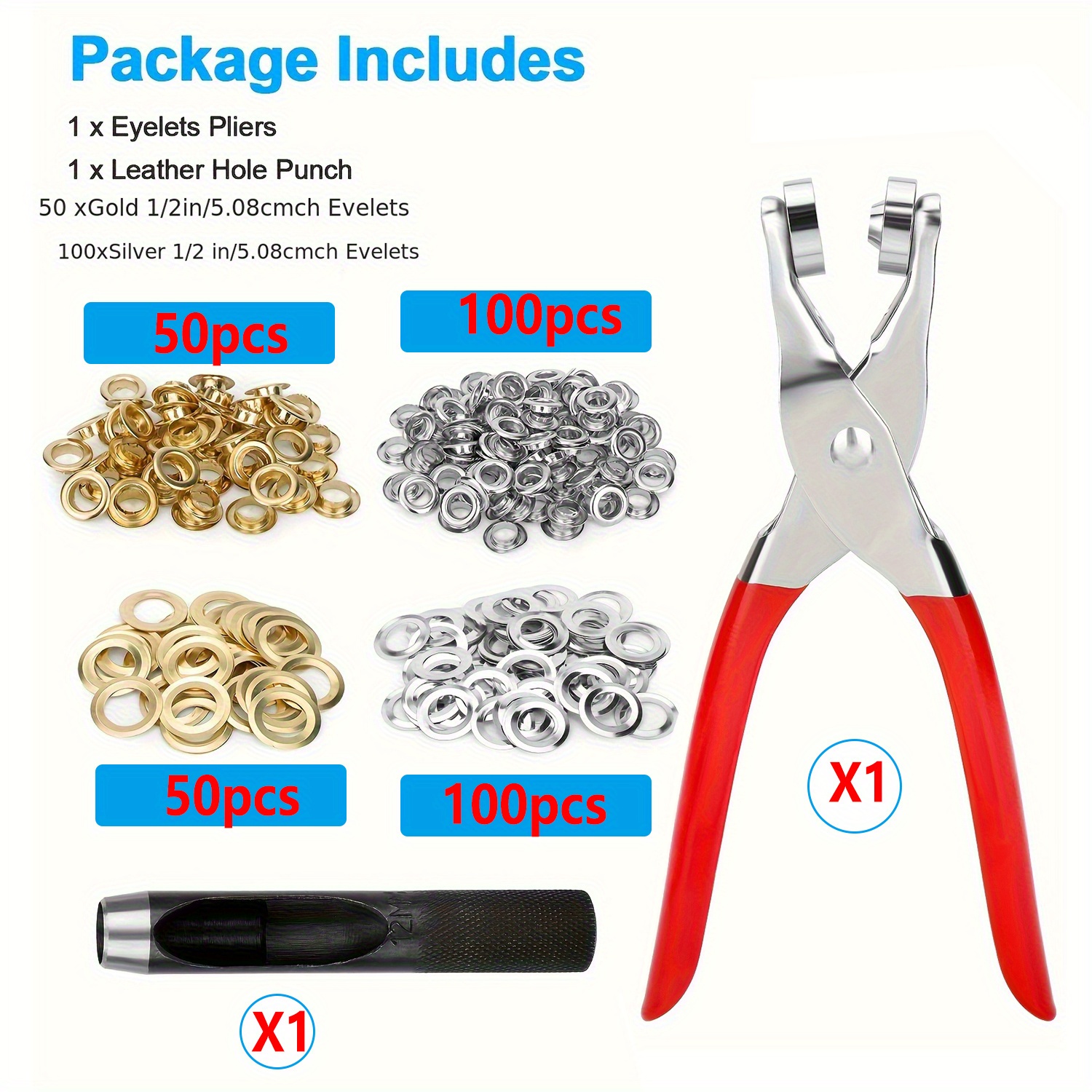Image of 302pcs Grommet Tool Kit 12mm (inner Hole Size) Eyelet Kit With 150pcs Eyelet Grommets, 150pcs Washers, 1pc Hole Punch And Grommet Eyelet Pliers For Leather/belts/shoes/crafts