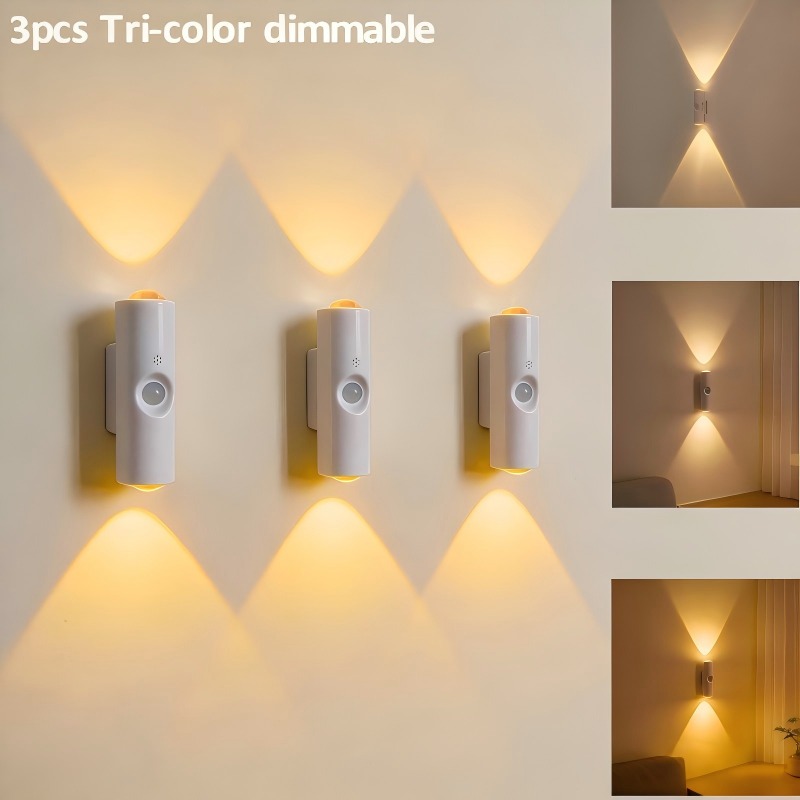 Image of 3pcs White Wall-mounted Motion Sensor Light, Led Source Ambient Lamp, Usb Rechargeable, Dimmable, Bedroom Night Light/living Room Indoor Decorative Light