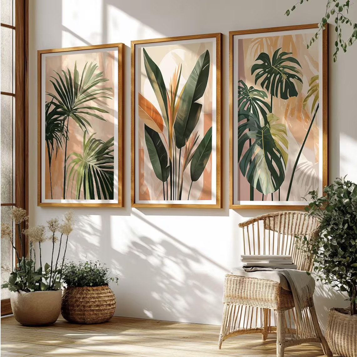 E-shop 2D Flach, 2D Flach, 3-teiliges Set Wandkunst, Vintage Poster, Aquarell Botanische Leinwandgemälde, Palmengarten Kunstdrucke - Moderne