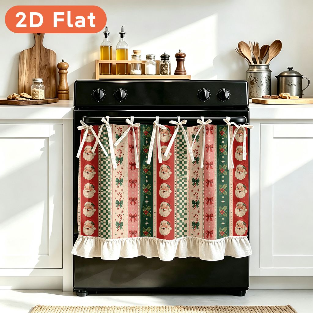 TEMU 2d Flat - 2d Flat - 1pc Kitchen Oven Curtain Cover, Multifunctional Protective Curtain, 2d Flat Printed Santa Claus And Christmas Bow For Stove