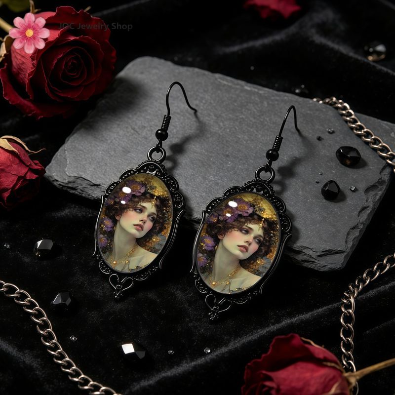 TEMU Vintage Victorian Portrait Earrings - Elegant Gothic Oval Drop Dangle Jewelry, Frame Pendant, Statement Accessory For Party, Wedding,